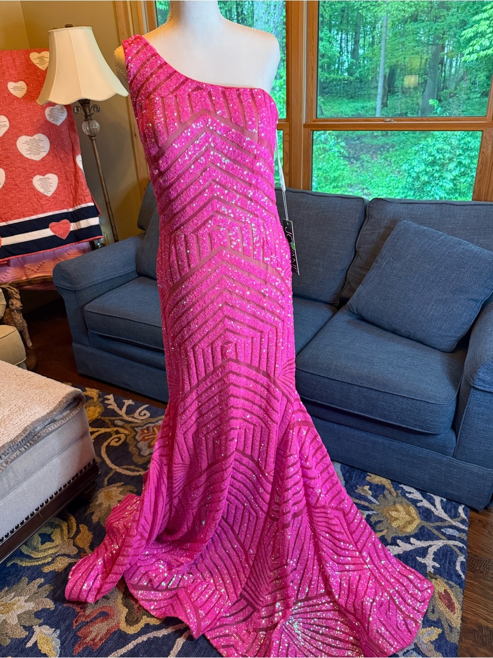 Jovani One-Shoulder Hot Pink Sequin Gown 16 NWT